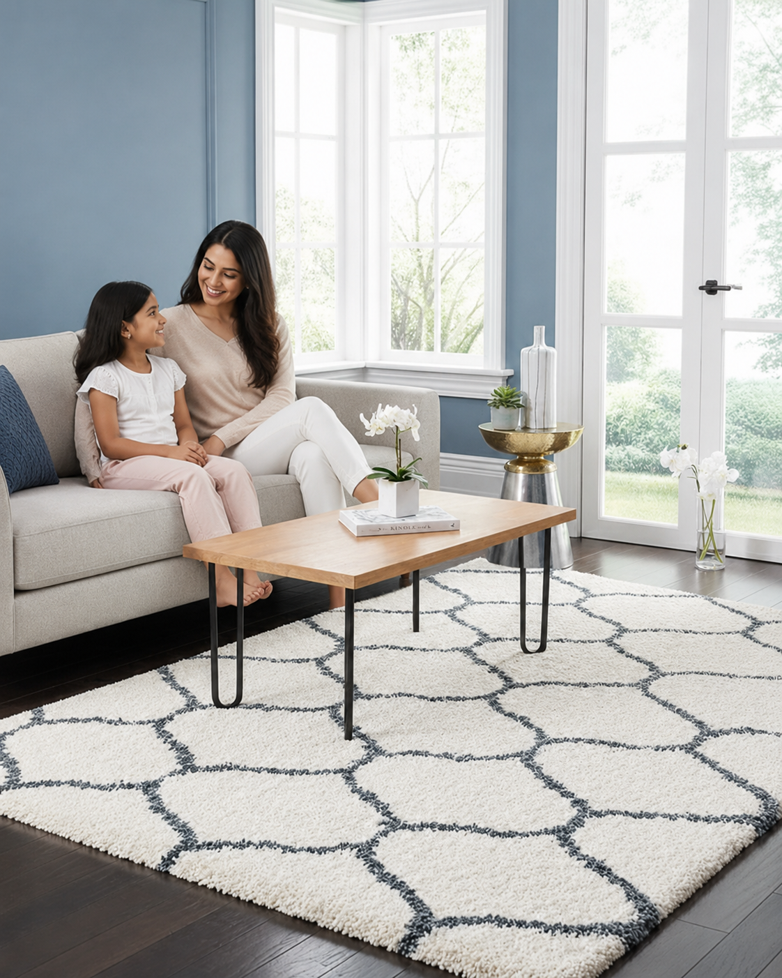 Elegant Cream & Grey Moroccan Lattice Rug – Soft Touch with Anti-Slip Rubber Backing