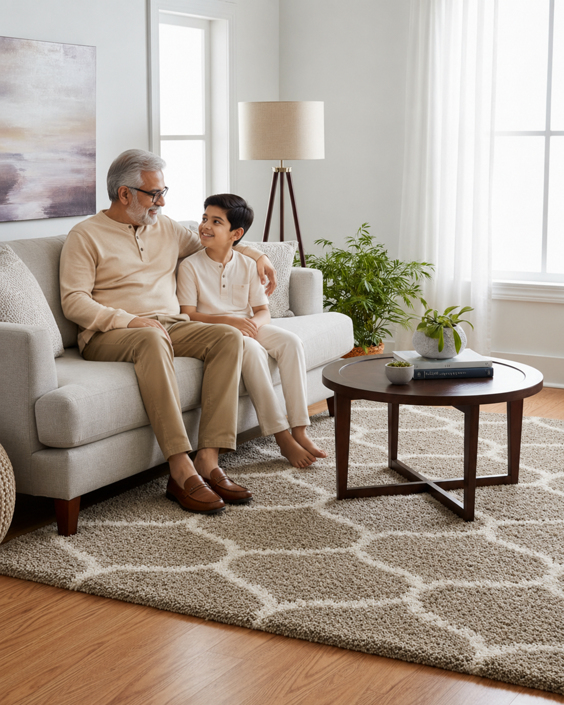 KashyapaRugs beige and ivory Moroccan geometric pattern premium shaggy living room rug – soft microfiber pile, anti-skid backing, subtle diamond cross design for contemporary and minimal interiors
