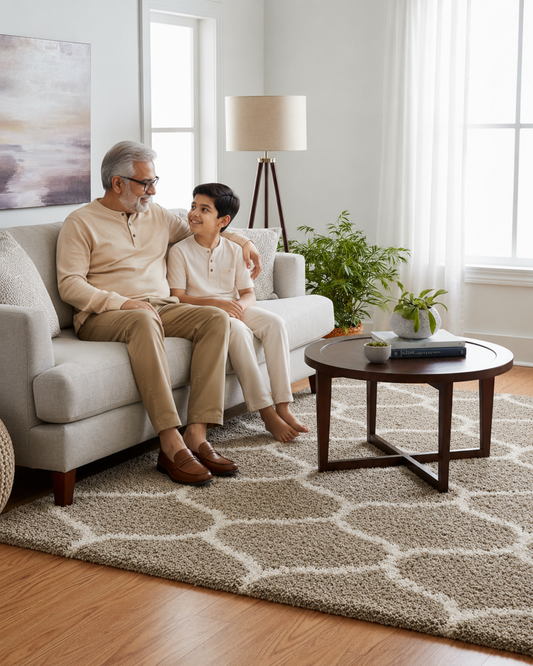 Beige & Ivory Moroccan Diamond Carpet – Soft Microfiber with Anti-Skid Rubber Backing