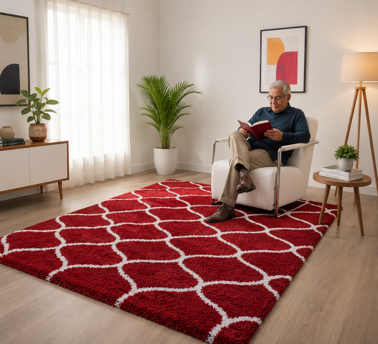 Red & White Tufted Moroccan Design Carpet – Soft Feel with Anti-Skid Rubber Backing