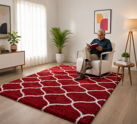 Red & White Tufted Moroccan Design Carpet – Soft Feel with Anti-Skid Rubber Backing