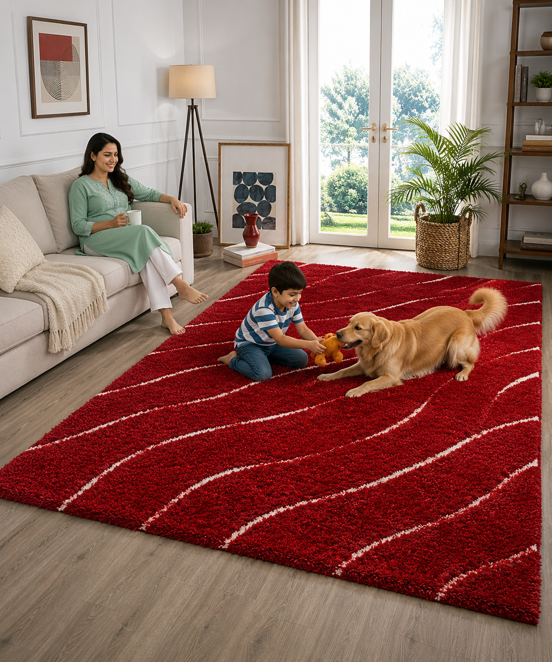 KashyapaRugs micro waves carpet in red and ivory – dynamic flowing wave pattern in rich maroon and ivory tones with smooth comfortable surface for living rooms and bedroom