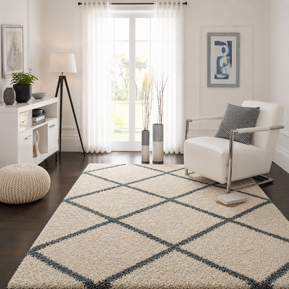 Premium Cross Pattern Soft Microfiber Carpet – Ivory & Grey – Soft Feel & Anti-Skid Rubber Backing