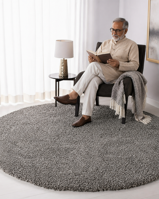 Premium Plain Silver Grey 2 inch Extra Fluffy long pile Round Shaggy Carpet – Soft Touch & Anti-Skid Rubber Baking