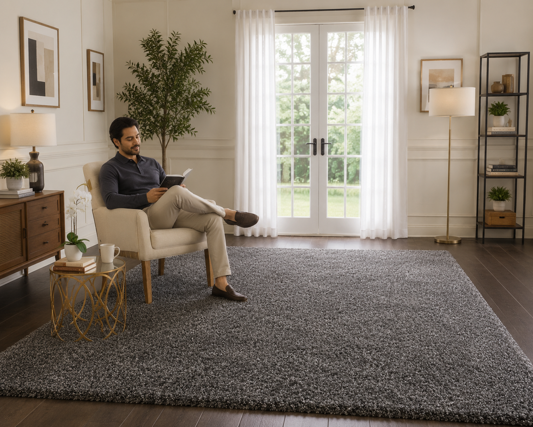 KashyapaRugs plain dark grey premium carpet – sophisticated solid dark grey tone, plush high-quality microfiber surface for modern minimalist interiors, anti-skid rubber backing