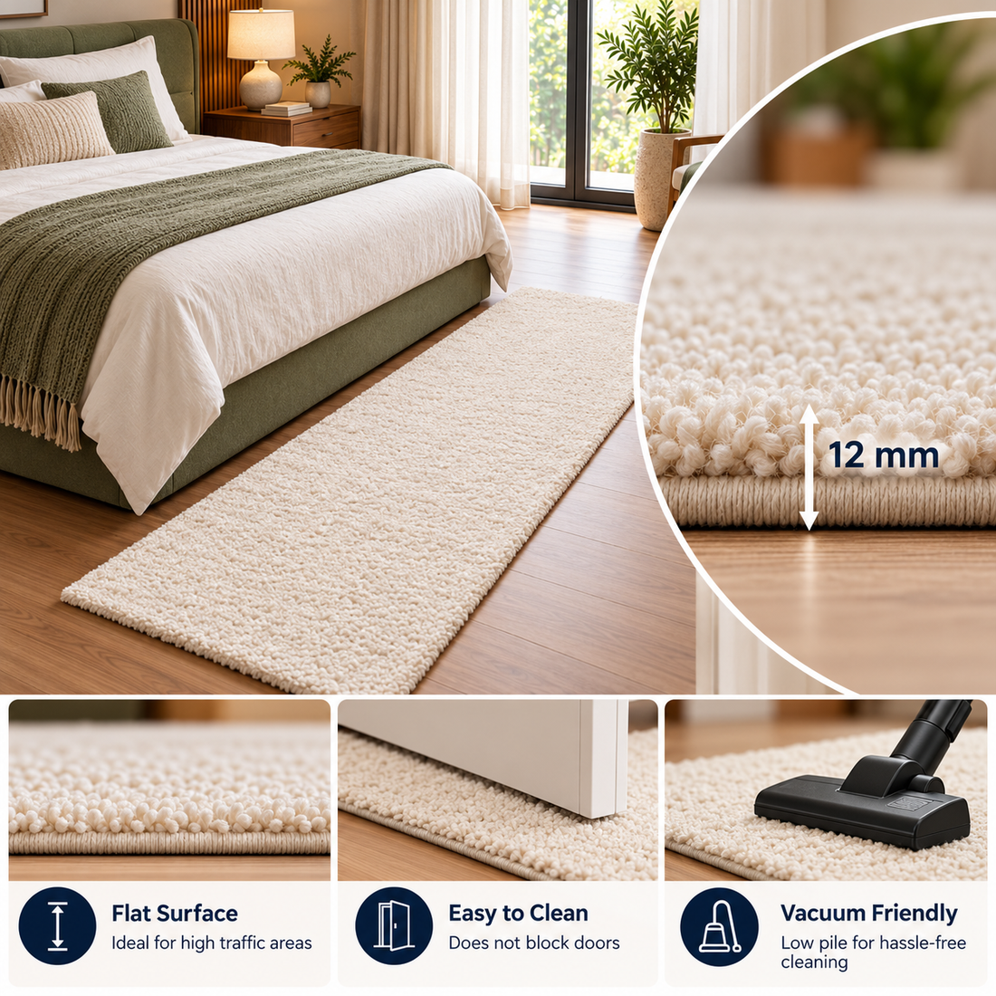 Premium White Bedside Runner – 12mm Low Pile Soft Shaggy Carpet for Bedroom