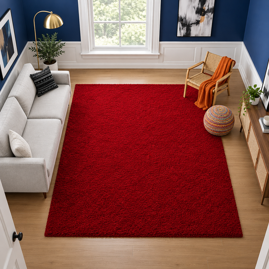 Luxury Red Plain Micro Fluffy Living Room Carpet – Extra Soft with Anti-Skid Backing