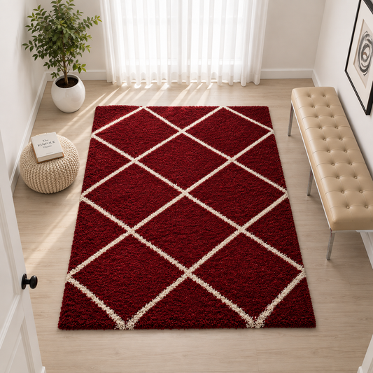 Elegant Maroon & Ivory Lines Diamond Shaggy Rug – Microfiber Carpet for Bedroom And Living Room  – Soft Touch with Anti-Slip Base