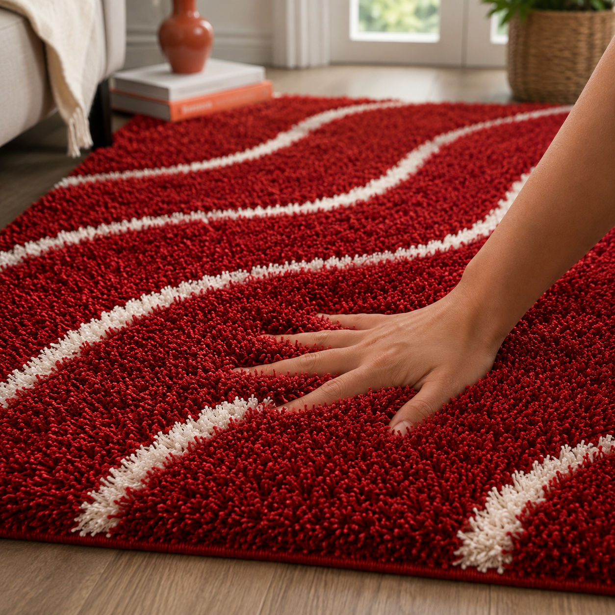 Red Waves Premium Microfiber Shaggy Carpet Rug – Soft Feel with Anti-Skid Rubber Backing