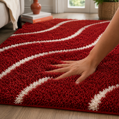 Red Waves Premium Microfiber Shaggy Carpet Rug – Soft Feel with Anti-Skid Rubber Backing