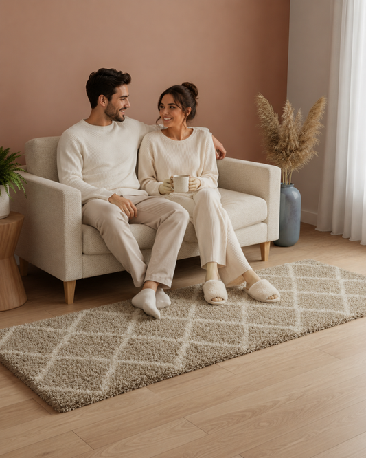 Ivory & Beige Bedside Runner – Soft Microfiber, Anti-Skid Rubber Backing
