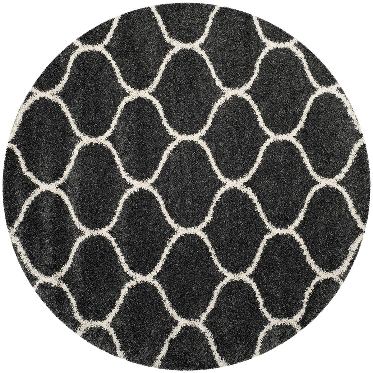 Luxury Hand-Tufted Diamond  Round Shaggy Rug – Grey with Ivory – Soft Feel & Anti-Skid Backing