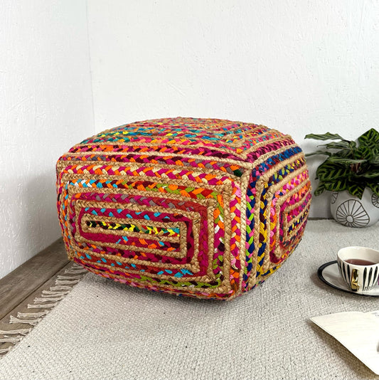 Braided Multi Chindi and Natural Jute Pouffe, size L 40 x B 40 x H 30 cm.