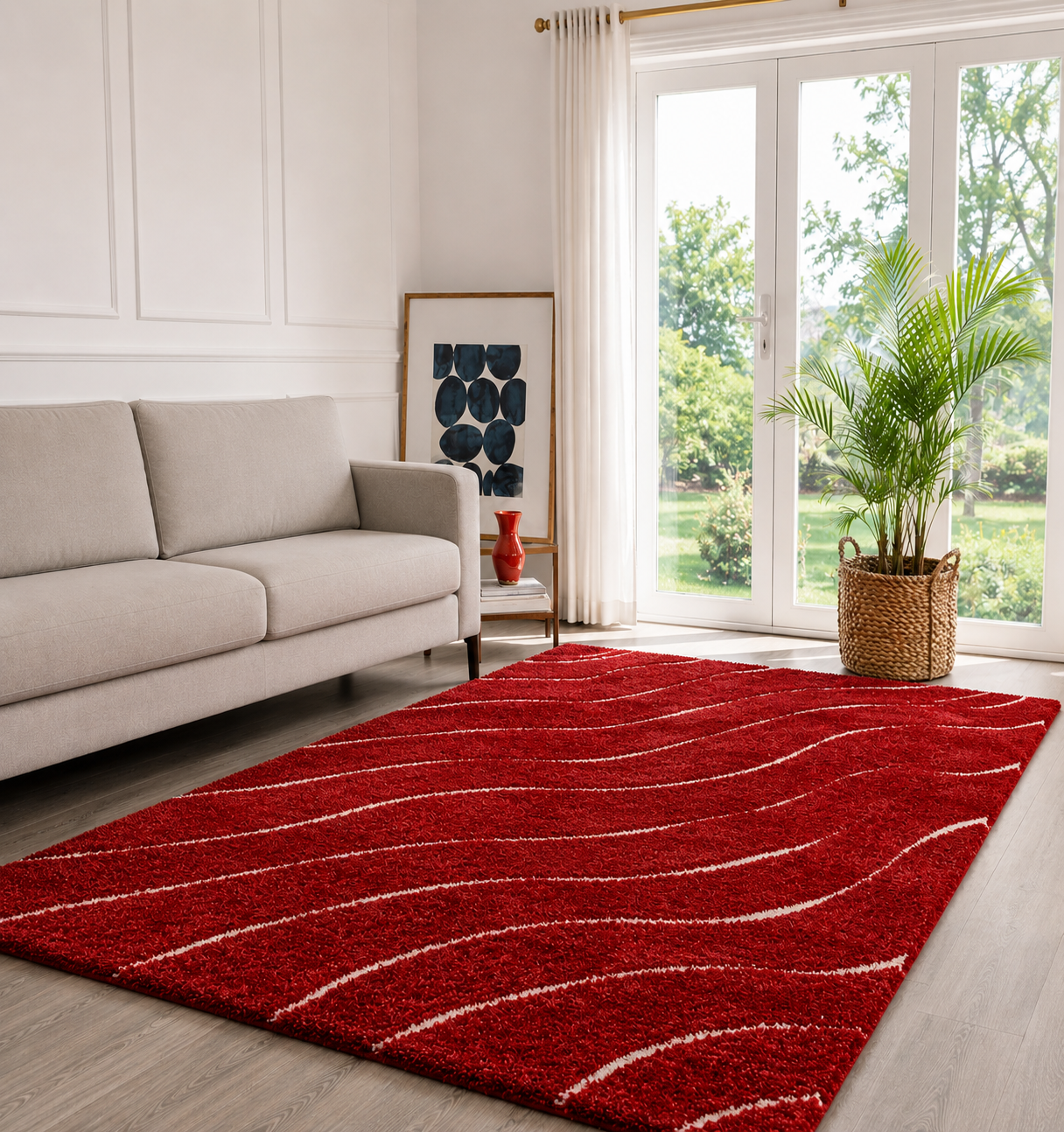 Red Waves Premium Microfiber Shaggy Carpet Rug – Soft Feel with Anti-Skid Rubber Backing