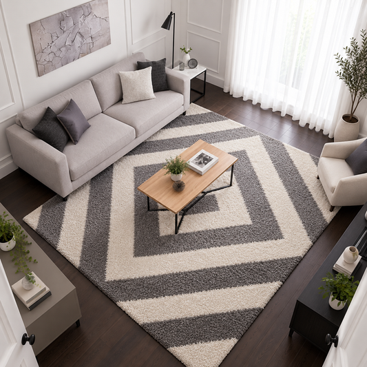 Elegant Cream and Grey Fluffy Moroccan Diamond Living Room Rug – Soft Touch with Anti-Slip Backing