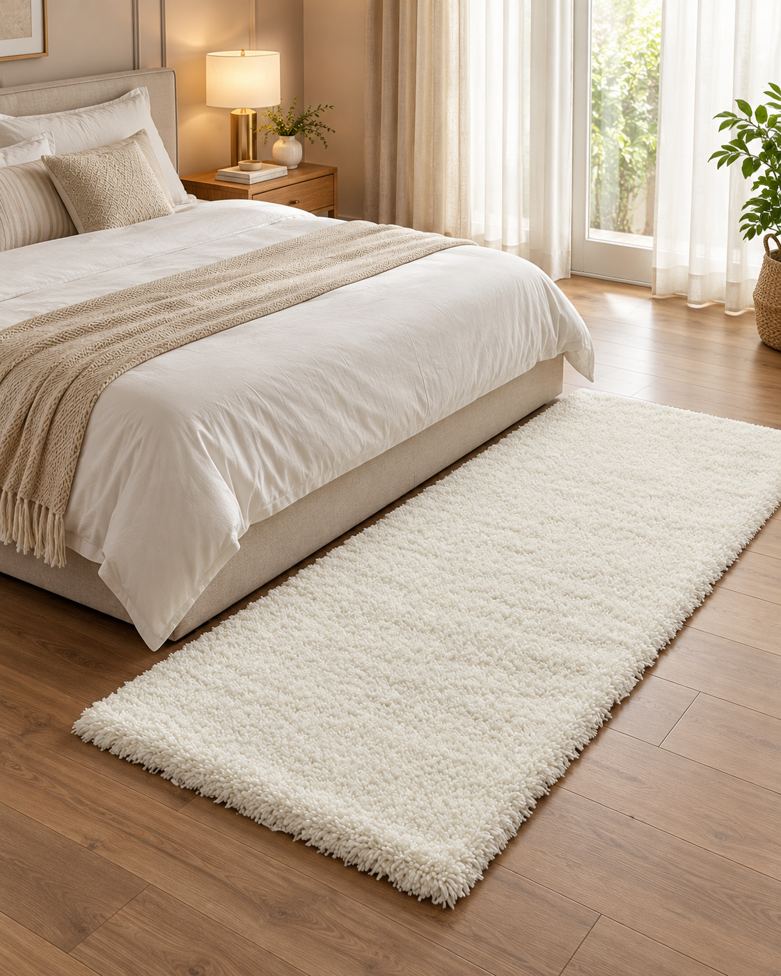 White Beautiful Premium Microfiber Bedside Runner 2 inch long pile - Soft Feel, Anti-Skid Backing