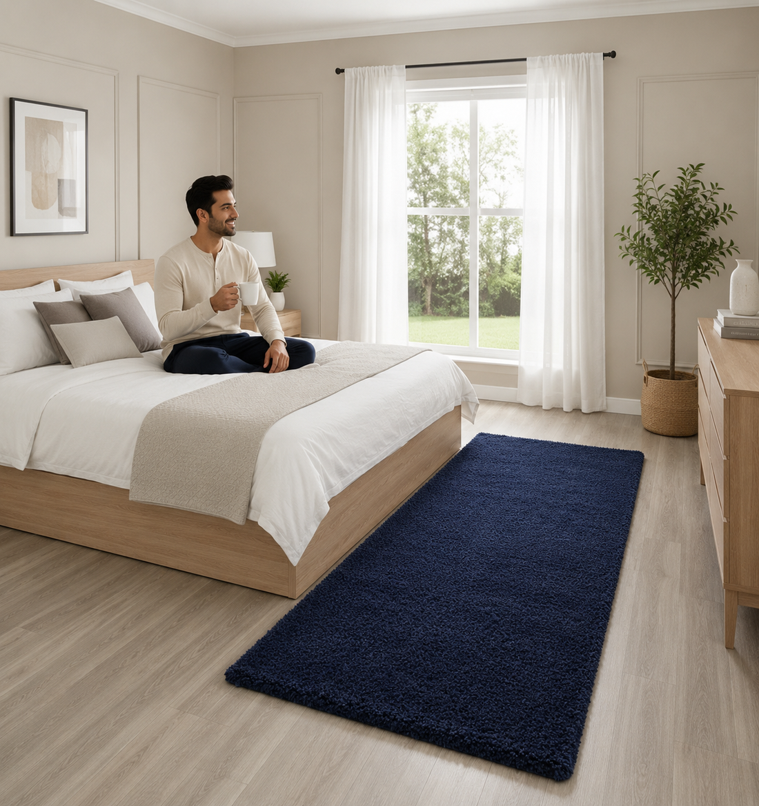 KashyapaRugs navy blue plain 2-inch pile premium shaggy bedside runner – soft plush microfiber surface, solid navy blue tone for modern bedrooms, anti-skid rubber backing