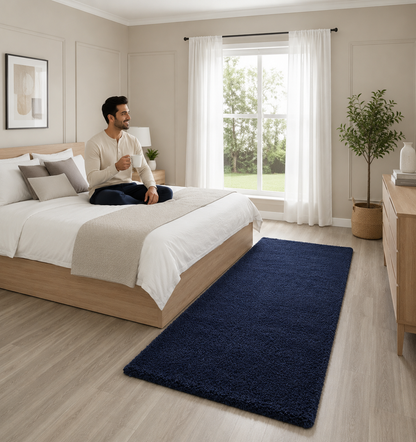 Navy Blue Plain 2 Inch Pile Premium Shaggy Bedside Runner - Soft Feel, Anti-Skid Rubber Backing