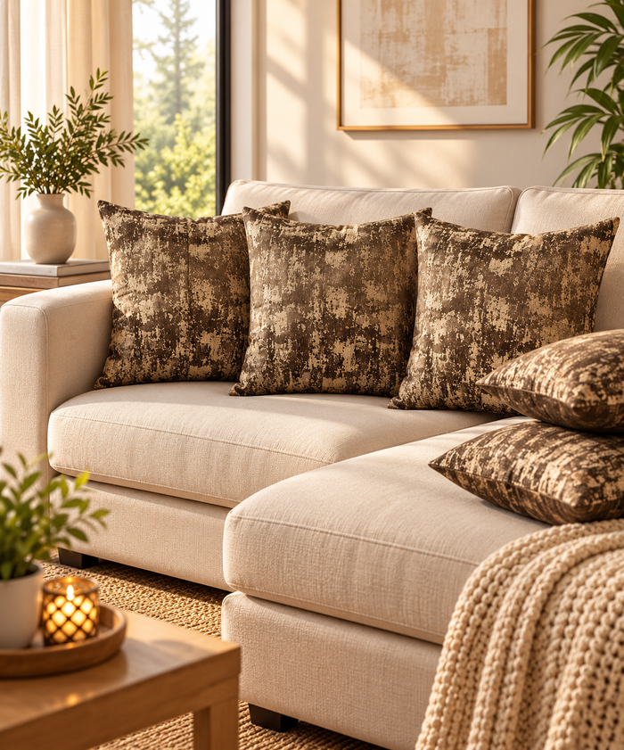 Brown & Gold Abstract Embroidered Cushion Cover | Elegant Decorative Pillow Cover for Sofa & Living Room