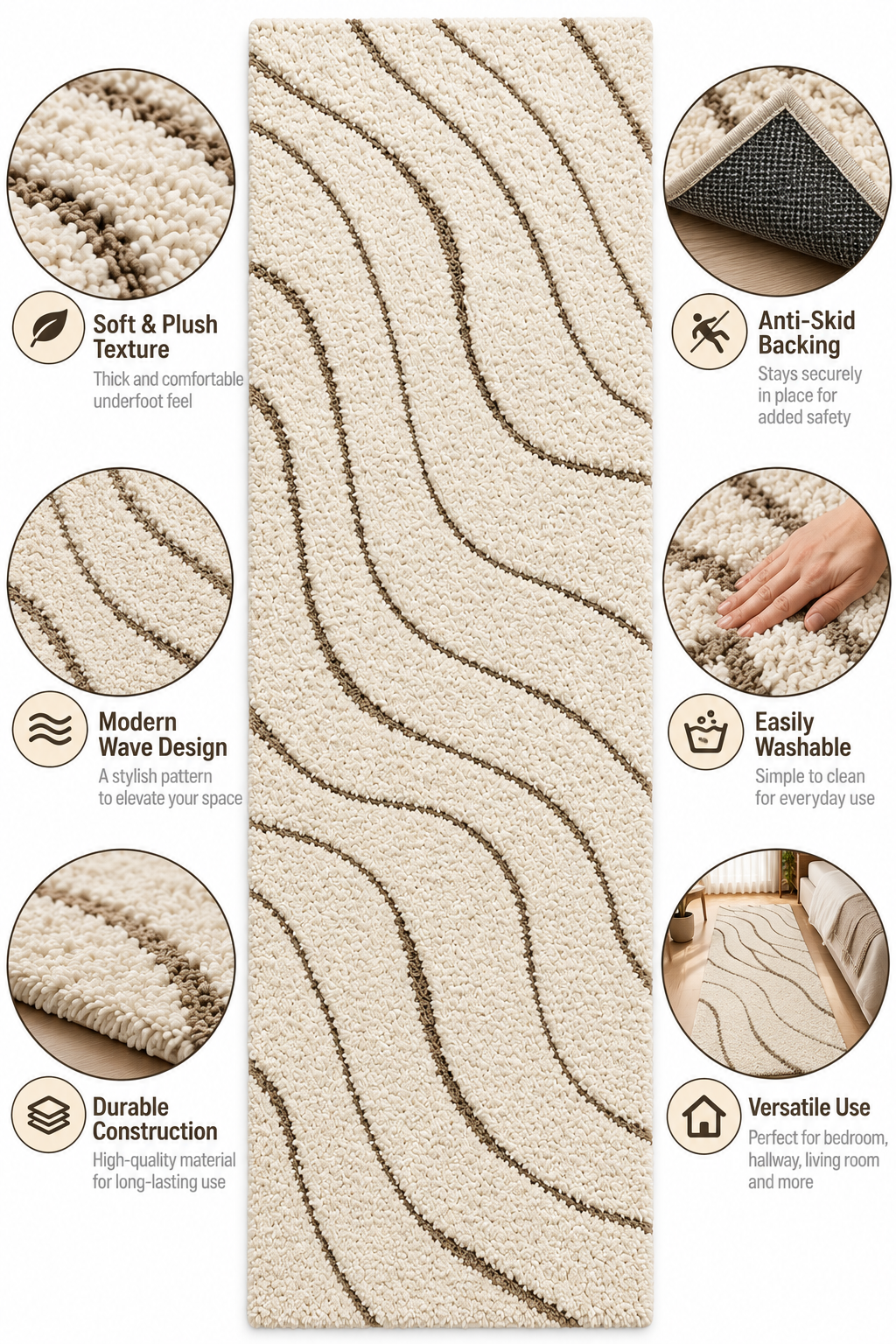 Ivory with Beige Wave Pattern Premium Microfiber Runner – Soft Feel with Anti-Skid Backing