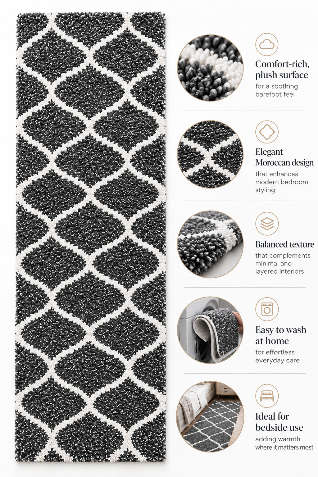 Grey & Ivory Moroccan Pattern Shaggy Runner  – Soft Feel with Anti-Skid Backing