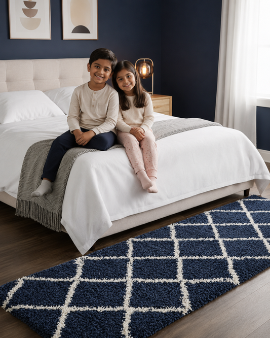 Premium Blue with Ivory Beautiful Micro Bedside Runner - Soft Feel, Anti-Skid Rubber Backing