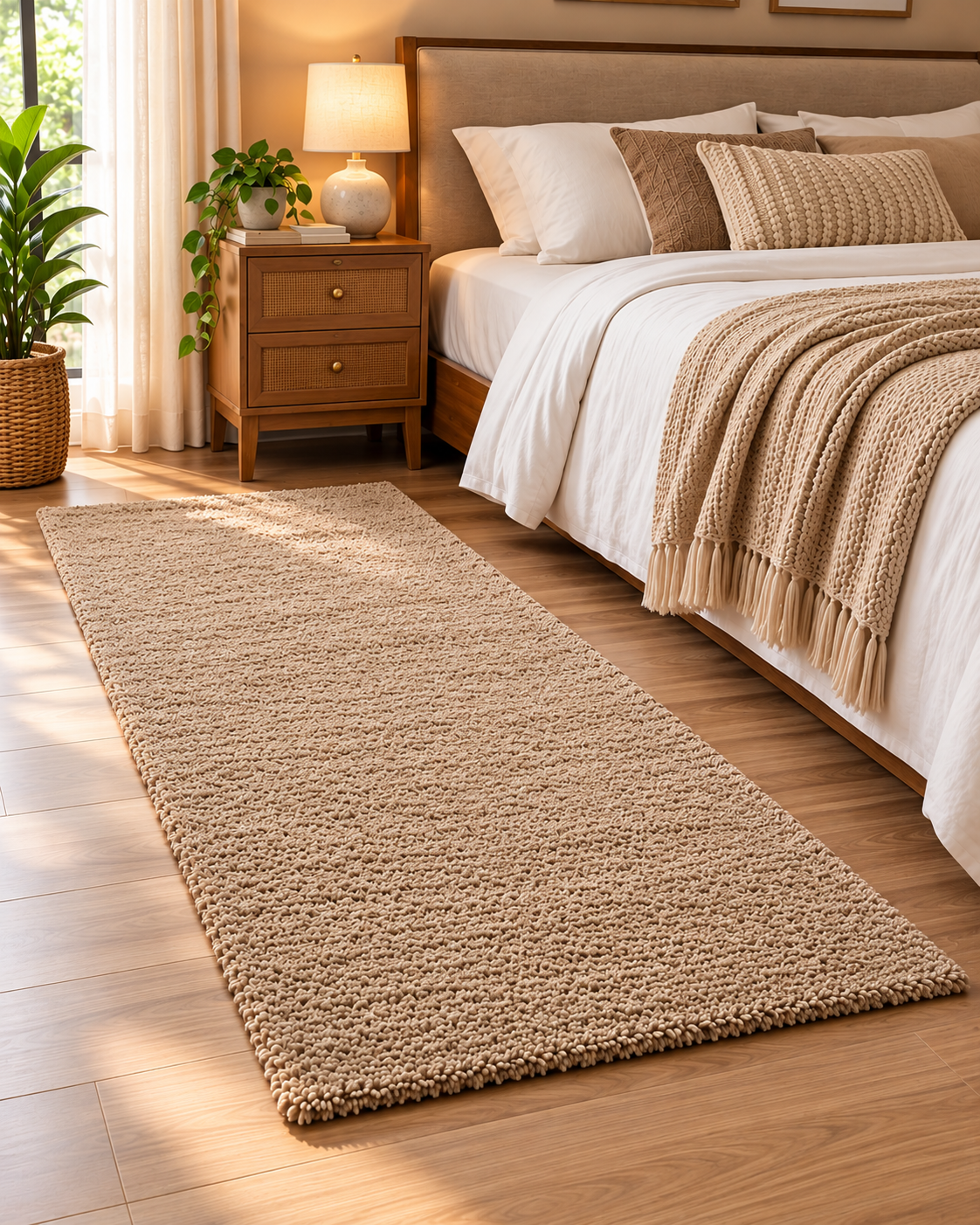Natural Beige Bedside Carpet – 12mm Low Inch Pile Shaggy Textured with Anti-Skid Backing