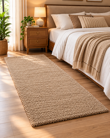Natural Beige Bedside Carpet – 12mm Low Inch Pile Shaggy Textured with Anti-Skid Backing