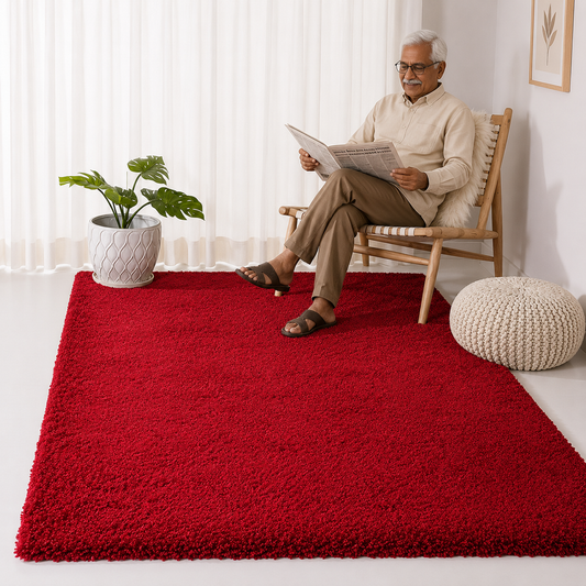 Plain Red Fluffy Rug – Gorgeous Super Soft 2-Inch Pile Microfiber Silk Touch with Anti-Skid Rubber Base