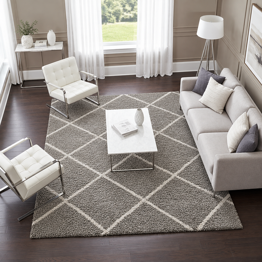Diamond Cross Super Soft Microfiber Silk Touch Rugs Grey With Ivory Living Area Rug - Soft Feel with Anti-Skid Backing