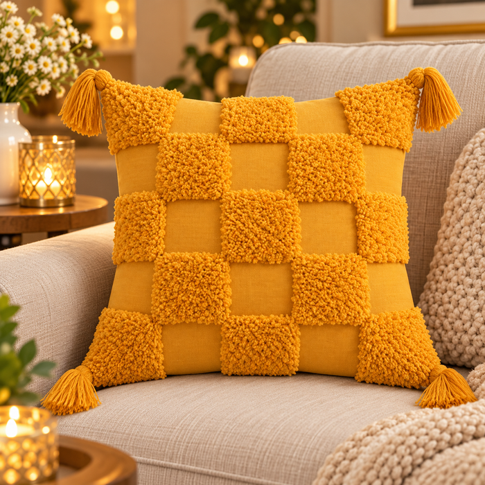 Boho Mustard Textured Cushion Cover with Tassels | Geometric Tufted Decorative Pillow Cover for Sofa & Living Room