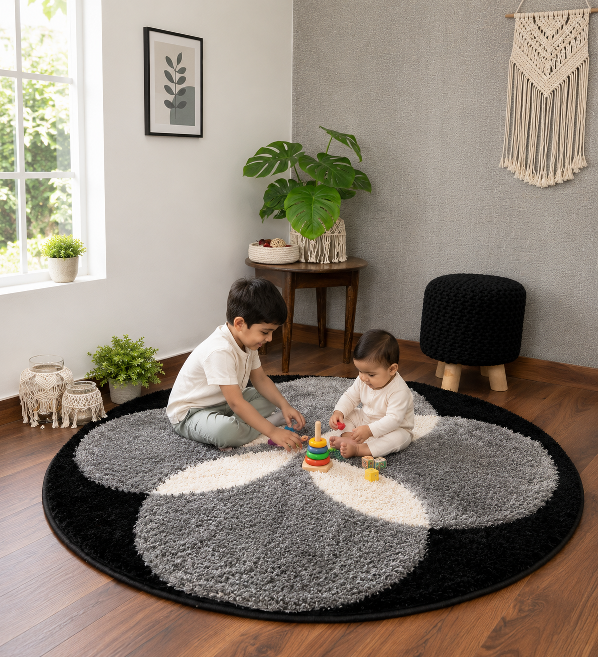 Black & Grey - Premium Soft Modern Round Shaggy Rug