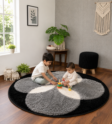 KashyapaRugs black and grey premium soft modern round shaggy rug – sculpted petal motif with luxuriously fluffy dense pile for living rooms and bedrooms