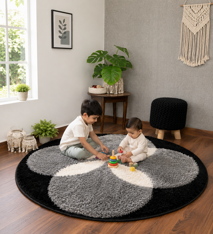 Black & Grey - Premium Soft Modern Round Shaggy Rug