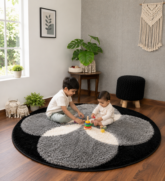 Black & Grey - Premium Soft Modern Round Shaggy Rug