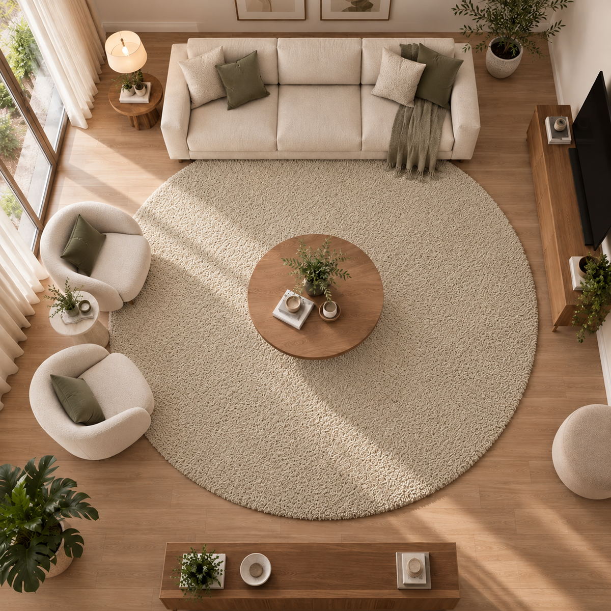 Premium Beige Round Rug – Soft Textured Surface, 12 mm Low Pile, Elegant Modern Design