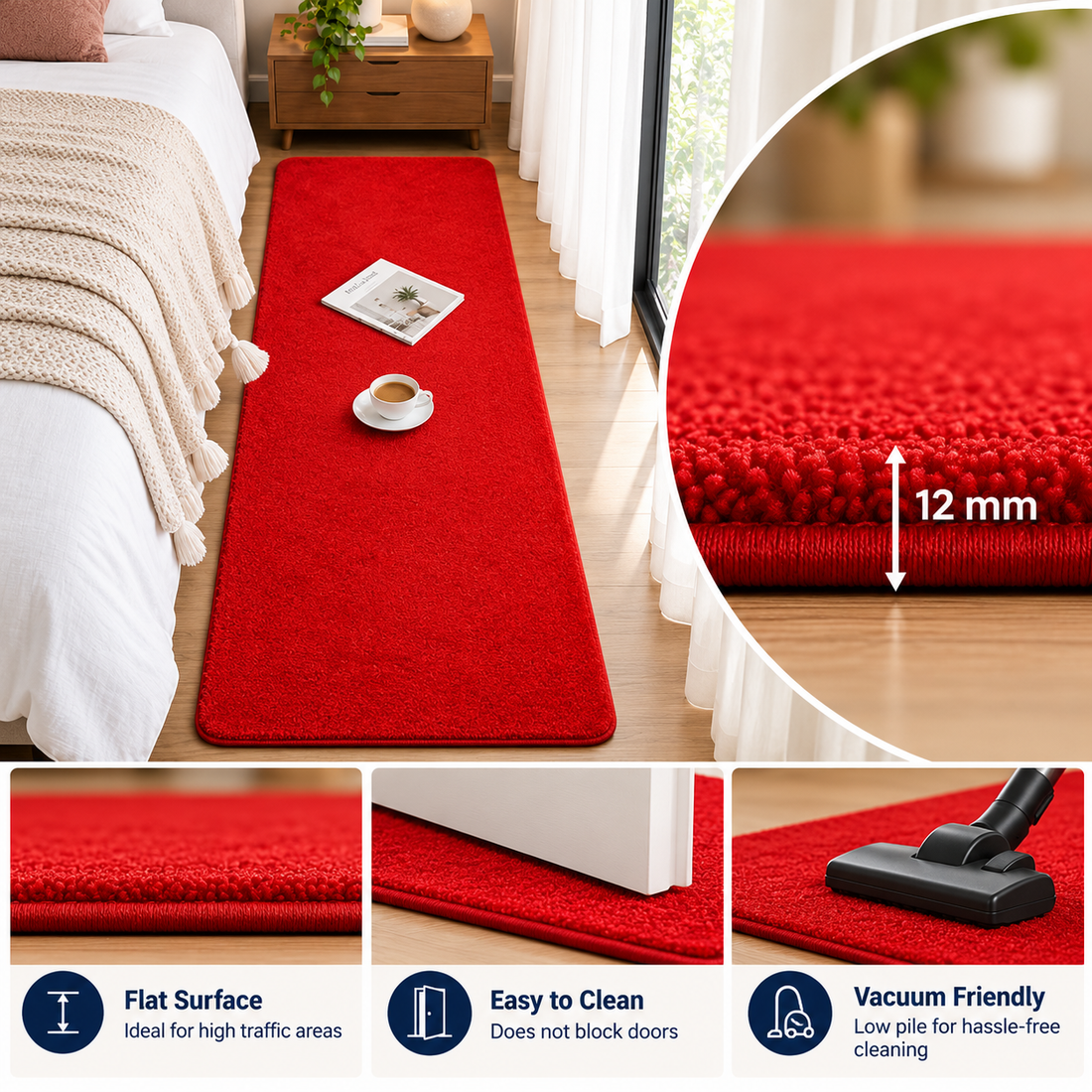 Vibrant Red Bedside Runner – 12mm Low Pile Soft Shaggy Carpet with Anti-Skid Backing