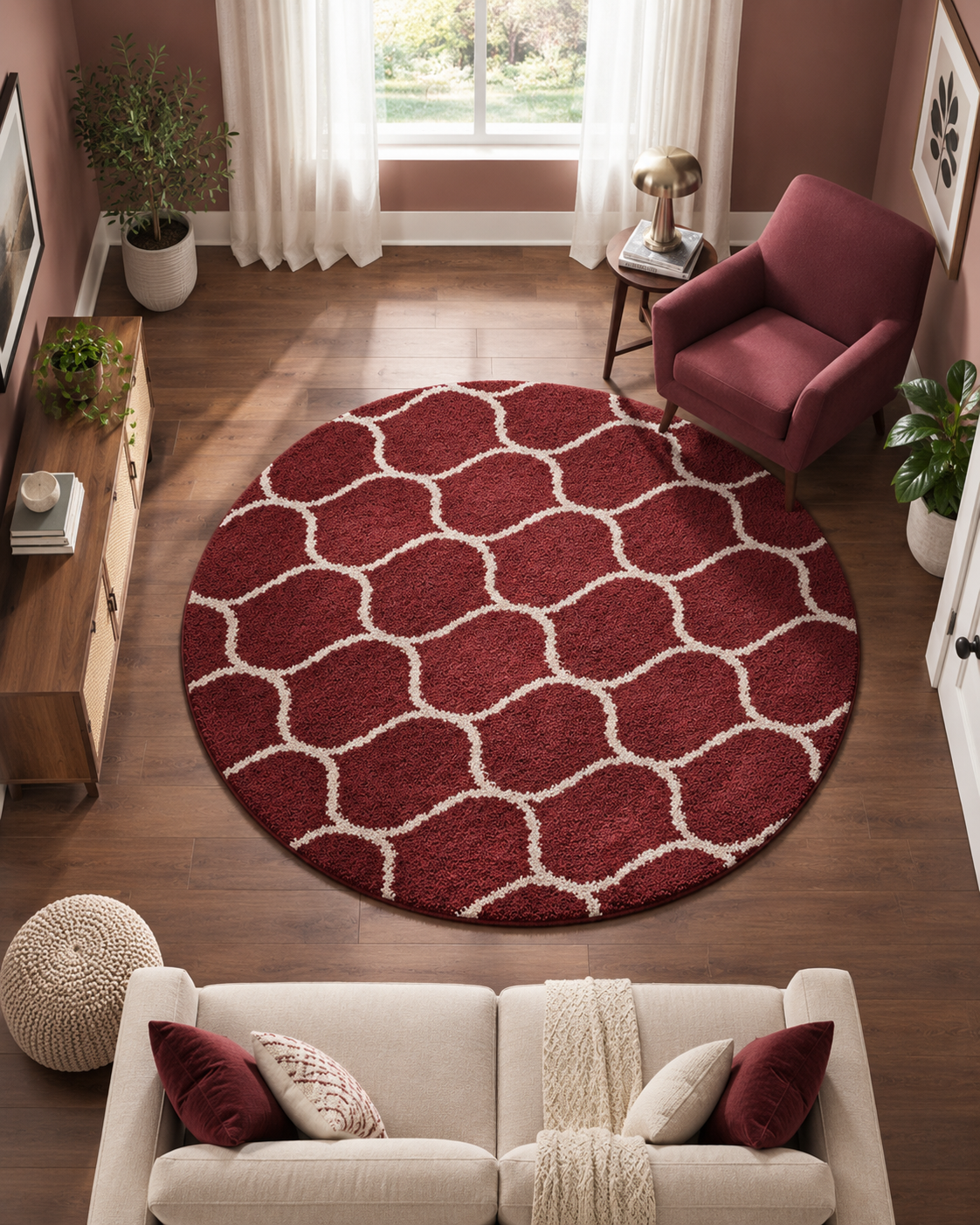 KashyapaRugs red and white luxury Moroccan style round shaggy rug – classic Moroccan-inspired motif with high-density premium microfiber ultra-plush pile for contemporary living rooms, anti-skid rubber backing