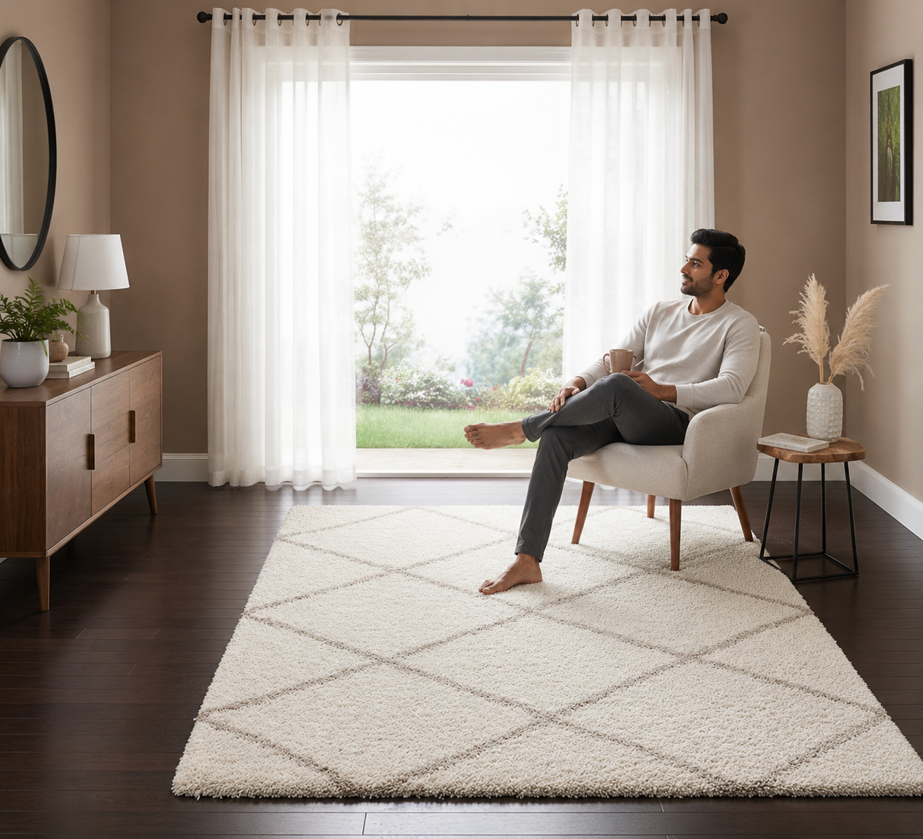 Diamond Shaggy Design Rug – Ivory with Beige Lines – Microfiber Hand-Tufted Carpet – Soft Feel with Anti-Skid Rubber Backing