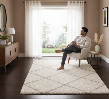 Diamond Shaggy Design Rug – Ivory with Beige Lines – Microfiber Hand-Tufted Carpet – Soft Feel with Anti-Skid Rubber Backing