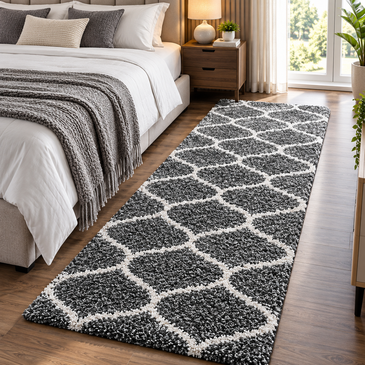 Grey & Ivory Moroccan Pattern Shaggy Runner  – Soft Feel with Anti-Skid Backing