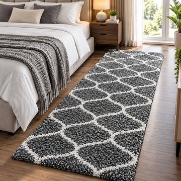 Grey & Ivory Moroccan Pattern Shaggy Runner  – Soft Feel with Anti-Skid Backing