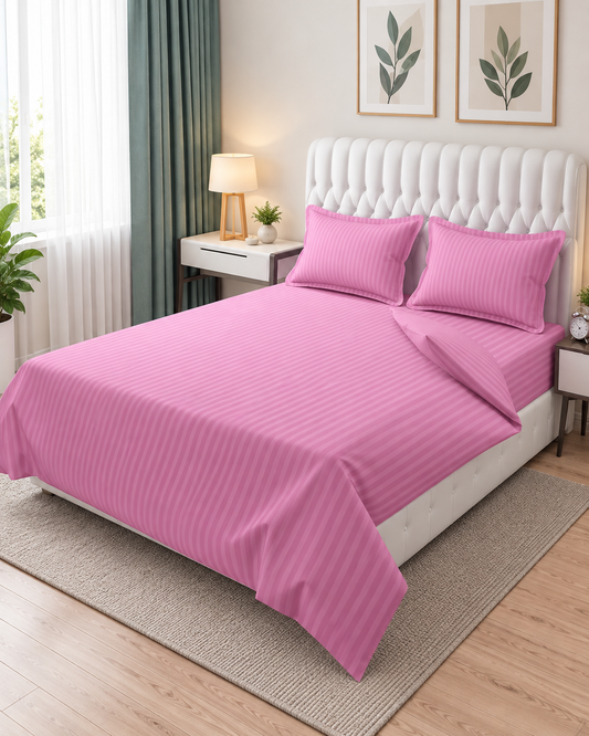 Premium Plain Stripes Cotton Rose Pink Bedsheet 🛏️ – Double Bed Size with 2 Pillow Covers | 3 Piece Bedding Set | 100% Cotton | 90×100 Inches