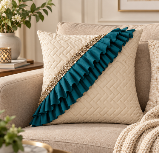 Luxury Quilted Cushion Cover with Ruffle Detailing | Cream & Teal Embellished Sequin Decorative Pillow Cover for Sofa & Living Room