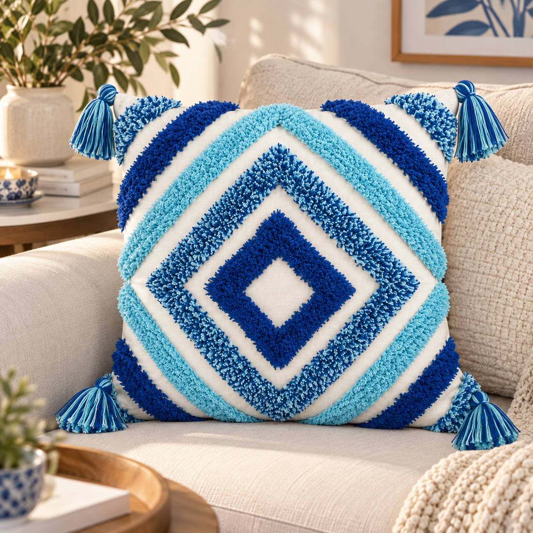 Blue Geometric Design Embroidered Cushion Cover | Decorative Throw Pillow Cover for Sofa & Living Room