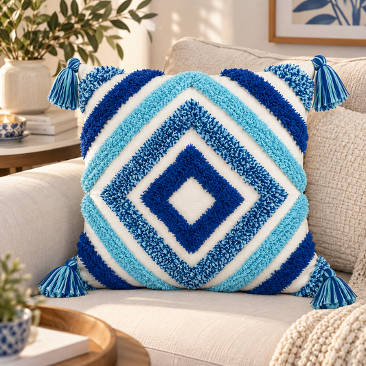 Blue Geometric Design Embroidered Cushion Cover | Decorative Throw Pillow Cover for Sofa & Living Room