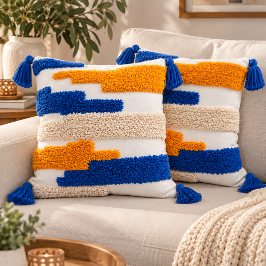 Boho Striped Cushion Cover with Tassels | Blue, Mustard & Beige Textured Decorative Pillow Cover for Sofa & Living Room