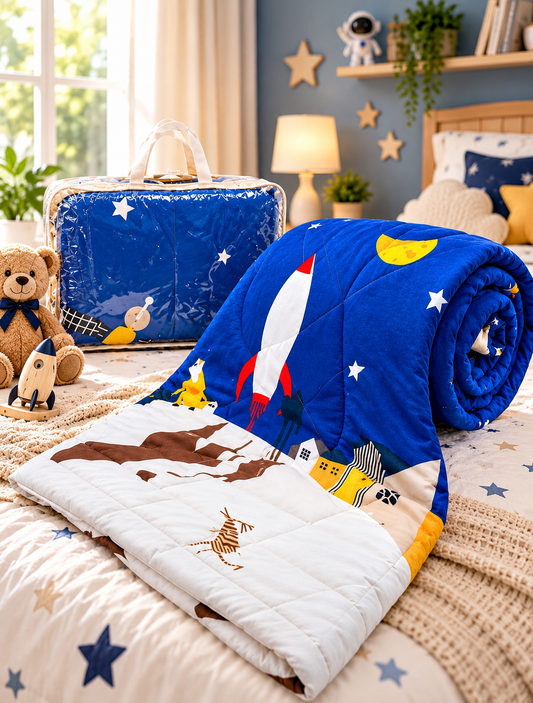 Premium Ultra-Soft Glace Cotton Space 🚀 Rocket & Dinosaur  Print Comforter – Single Bed Size 60×100 Inches for Kids