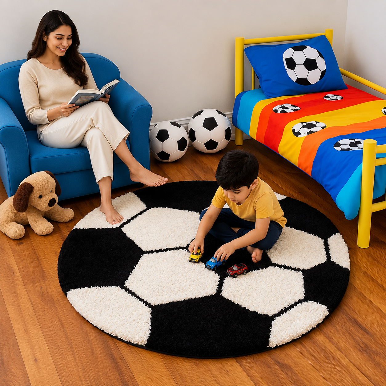 Round Shaggy Football Carpet – Soft Feel with Anti-Skid Rubber Backing
