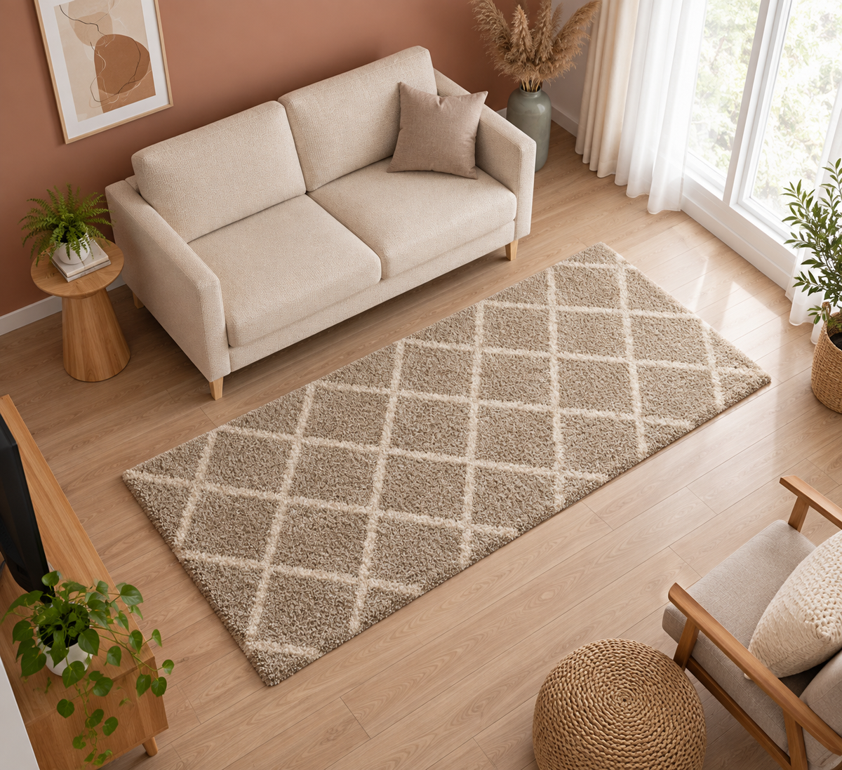 Skin Beige Geometric Diamond Pattern Shaggy Runner Rug – Soft Feel with Anti-Skid Backing